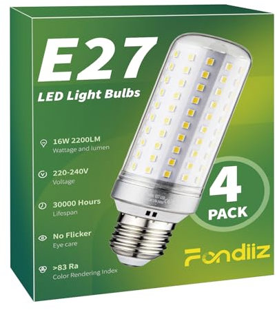 Fondiiz Bombillas LED E27 Luz Fria 6000K, 16W 2200LM Bombilla E27 LED Equivalente a Halógena de 200W, Lampadas LED E27 Maiz Bajo Consumo, 360° Ángulo de haz, AC 220-240V, No Regulable, Paquete de 4