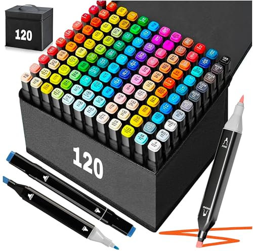 Set di pennarelli ad alcool - 48, 60, 80, 120, 168 colori - Penne artistiche bifacciali con punta fine e a scalpello per artisti e designer - Impermeabili, sfumabili e con pratica custodia per riporli