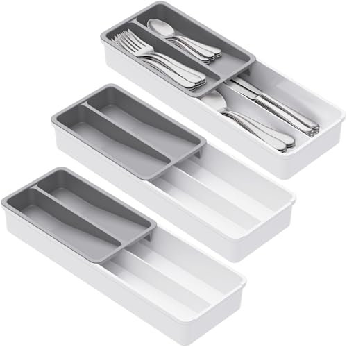 Lifewit 3 Stk. Kompakter Besteckkasten für Schubladen, 42 x 14,5 x 6 cm Besteckkasten, 4 Fächer Besteckkorb Besteckhalter Besteckschublade, Besteck Organizer für Löffel/Gabeln/Messer, Weiß und Grau
