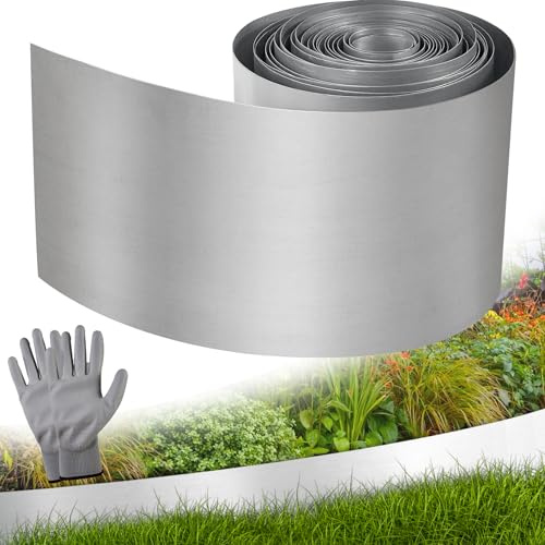 Vehipa Silber Rasenkante verzinkt 10m x14cm Metall mit 1 Paar Handschuhe | Garten Rasenkanten Verzinkt für DIY Lawn, Beetumrandungen Rasenbleche Metall für Dekoration Garten