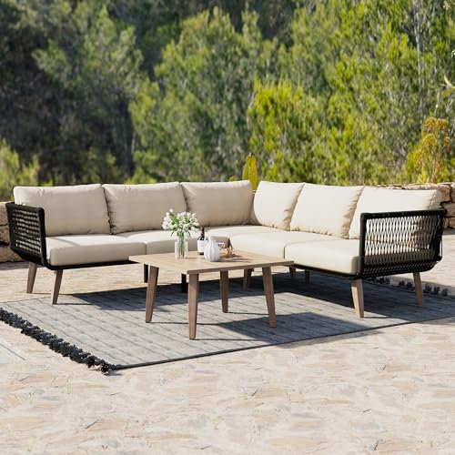 Merax Gartenmöbel-Set mit Sofa & Couchtisch, Outdoor Lounge-Set aus verzinktem Stahl, Olefin-Polster & geflochtenem Seil, Tischplatte in Holzoptik für Garten, Terrasse & Balkon, Beige + Schwarz