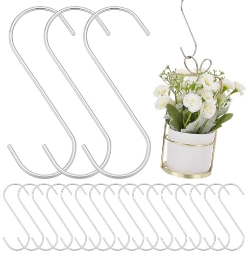 WADORN 20Pcs S Hanging Hooks 4Inch 304 Stainless Steel S-Shape Large Heavy-Duty Hanger for Jewelry Key Ring Kitchen Spoon Pot Work Shop Bathroom Garden Hanging Closet Jeans Bag Purse Bird Feeder