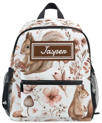 CHIFIGNO Individueller Kinder-Rucksack, personalisierbar, kleine Kinderrucksäcke, Schultasche für Jungen und Mädchen, personalisierbar, Vintage-Blumen-Eichhörnchen, Medium