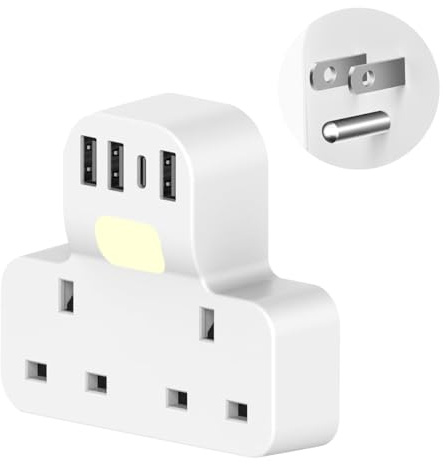 UK to USA Plug Adapter with 4 USB(1 USB C),SHUOMAO 2 Way Grounded UK to US Travel Adaptor with Night Light,6 in 1 USA Travel Adapter Essentials for American,Canada,Mexico,Thailand,Bahamas(Type B)