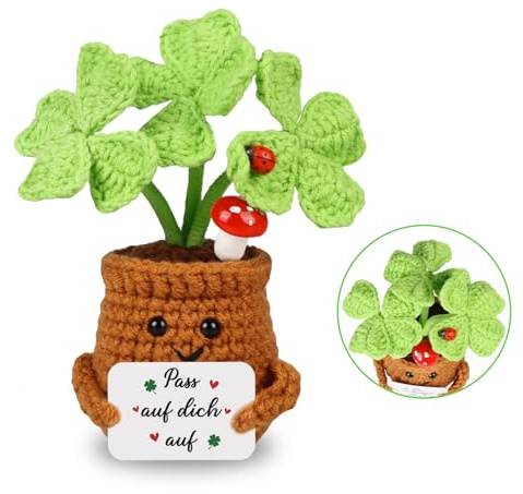 WenmthG Kleiner Glücksbringer Gehäkelte Vierblättriges Kleeblatt Abschiedsgeschenke Glück Geschenke für den besten Freund Kollegen Reisende Reise, Pocket Hug Vierblättriges Kleeblatt Reise Geschenk