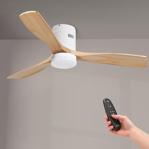 M mimotec - Ventilador de Techo Led White Energy Mdf, mando a distancia, motor DC 50W+Luz Led 18W, 6 velocidades, Silencioso,3 Aspas efecto madera, 132 cm, función verano-invierno, temporizador