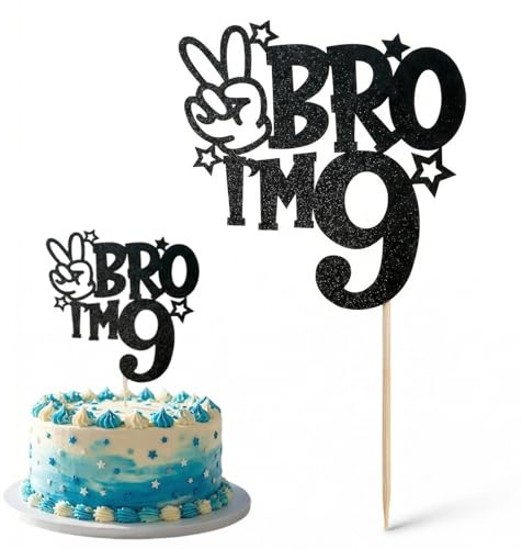 Brother I'm 9 Cake Topper Glitter Happy 9th Birthday Cake Pick Bro I'm 9 Cake Decoration It's My 9th Birthday Decorations for Boys Cheers to 9 Years Old Birthday Party Supplies Black Theme