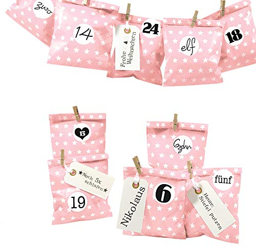 Frau WUNDERVoll® DIY Adventskalender zum Befüllen Bescherung: Set Stern 107, Papiertueten flach 13x16,5cm, rosa Stern, Ziffern schwarz-weiß