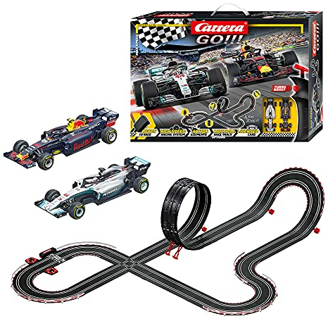 Carrera GO!!! Max Speed Rennstrecken-Set | 6,3m elektrische Rennbahn mit Mercedes-AMG F1 W09 EQ Power+ & Red Bull Racing RB14| mit 2 Handreglern & Streckenteilen |für Kinder ab 6 Jahren & Erwachsene