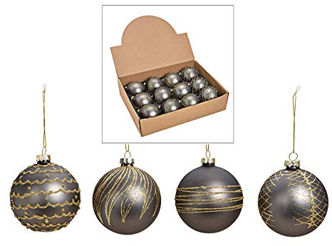 MC-Trend 12er Set edle Luxus Glas Weihnachtskugeln Ø 8cm Weihnachtsbaum Kugeln Christbaumkugeln Weihnachts Deko (GRAU Gold)