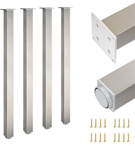 ALUSFERA Pied de Table Metal/Alluminium - Robuste Pied de Table Reglable - Pied Reglable pour Meuble - Pied Plan de Travail - Pied de Meuble - Ensemble de 4 Pieds - Section de 60x60mm - 1100mm INOX