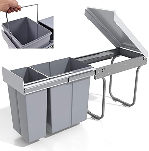 ybaymy Pull out Kitchen Bin, 10l+20l Built-In Cupboard Bins for Kitchen, Under Sink Bin with Sliding Buffer, Under Counter Bin with Lid, 48x26x42cm Dual Bins for KitchenRecycling and Waste