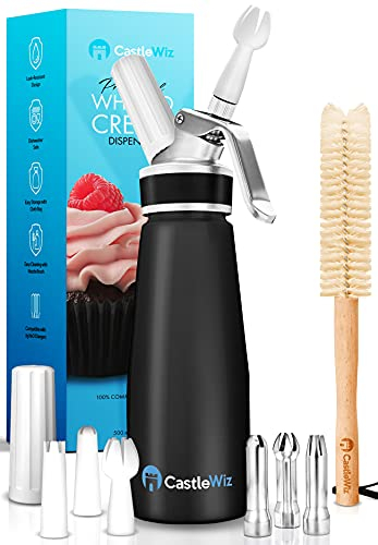 Professional Whipped Cream Dispenser w/Stainless Steel Tips & Canister Brush - Whipped Cream Maker - 500mL (1 Pint) Aluminum Whipping Siphon - Cream Whipper - Leak Resistant Whip Cream Dispenser