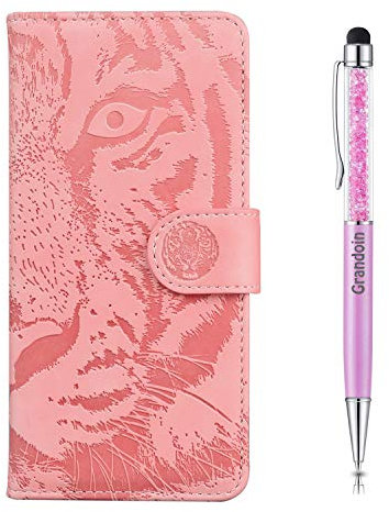 Grandoin Kompatible mit LG K50 / Q60 Hülle, Stoßfeste Handytasche PU Leder Etui Flip Cover Geprägter Tiger Muster Book Case Schutzhülle mit [Magnetverschluss] Etui Case für LG K50 / Q60(Rosa)
