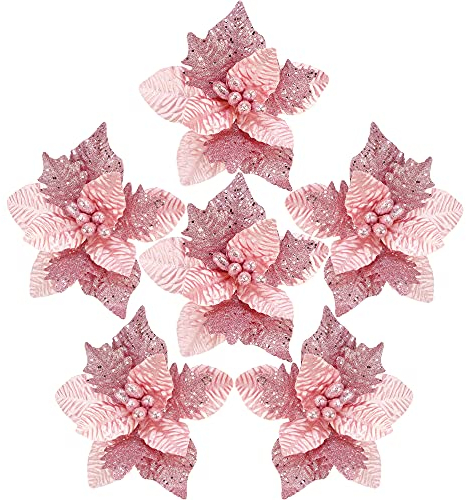 Sea Team Paquete de 6 adornos artificiales con purpurina de Poinsettia para decoración de árbol, 25,4 cm, color rosa