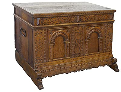Renaissance Truhe | Antike Flachdeckeltruhe 17. Jahrhundert | Eiche massiv B: 124 cm (10352)