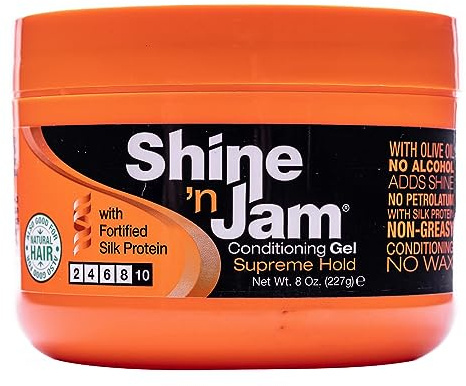Ampro Shine-n-Jam Supreme Hold - Acondiciona el cabello con aceite de oliva y proteína de seda - Ideal para colas de caballo y recogidos - 227 g