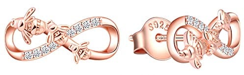 MicLee Earrings studs for women, 925 sterling silver earrings, Cute little bee and infinity symbol stud earrings, Inlaid zircon, girl's earrings, rose gold