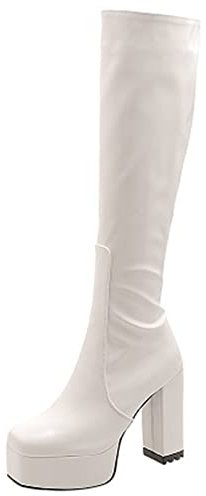 MJIASIAWA Damen Prom Chunky Heel Plateau Knee Reißverschluss Lack Reitstiefel Hohen Blockabsatz Winter Warm Party Boots Weiß Gr 35 EU
