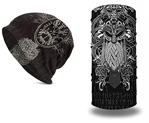 YYDSR Winter Mützen Schal-Set Nordisch Wikinger Yggdrasil Thors Hammer Warm Stricken Skullies-Hüte Für Männer Frauen 2 Stück,Vegvisir and Tree of Yggdrasil