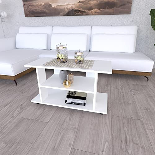 Henor Tavolo su Ruote. Mobile Tv. Legno FSC® Mod. Pilar 90 x 40 x 65.5 cm. Ruote di rotazione 360º con freno. Bianco