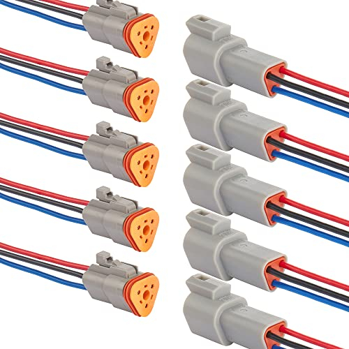 WOODGUILIN DT Stecker Connectors 3 Polig,DT Steckverbinder Wasserdichter,DT Stecker Steckverbinder,DT Auto Wasserdicht Elektrische Stecker Connectors,mit 20cm 16 AWG Kabel,Grau(5 Pairs, 3Pin DT)