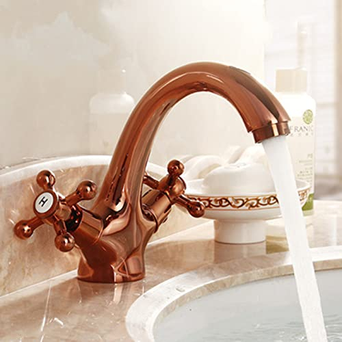 ZYCDP Bad Armaturen Waschbecken Retro, Zweigriff Waschtischarmatur Bad Armatur Retro Mischbatterie, Kaltes und Heißes waschamatur waschbecken, Waschbecken Armaturen Messing, Roségold