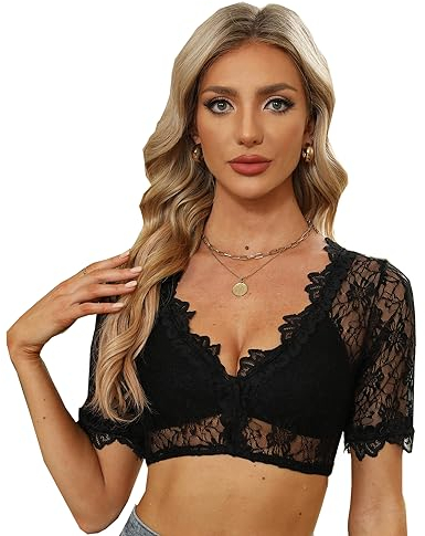 NIUDAU Damen Dirndlbluse Spitze Dirndl Bluse Schwarz Trachten Bluse Kurzarm/Halbarm