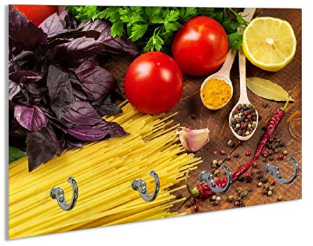 Wallario Handtuchhaken für Bad & Küche aus Glas 30 x 20 cm, Wand Handtuchhalter mit 4 Haken, Motiv: Italienisches Menü mit Spaghetti, Tomaten, Basilikum und Gewürzen