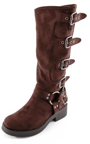 Toocool Stivali donna scamosciati biker motociclista stivaletti fibbie LQ-107 [41,Marrone]