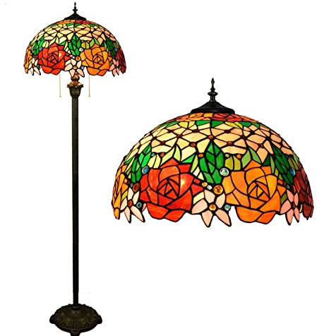BOTOWI Tiffany Stehlampe [2-Lichter][16''WX62''h] Weihnachtsdekoration Lichter Antike Rosen Stil Buntglas Stehlampe Stehleuchte Stehleuchte für Wohnzimmer Schlafzimmer Flur,Rot