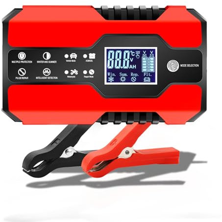 TONSIM Chargeur de Batterie 12 V/24 V – Automatique Intelligent avec Fonction de réparation et d'entretien, pour Voiture, Camion, Moto, Bateau, SUV, tondeuses à Gazon – Batterie au Plomb (Rouge)
