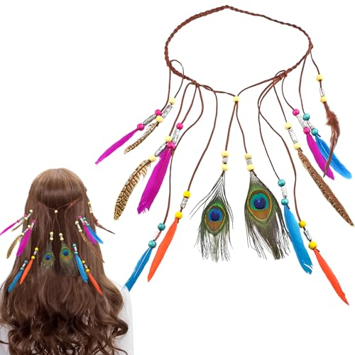 QESSUVNC Indianer Kostüm Damen Hippie Boho Haarband Haarschmuck Stirnband Pfau