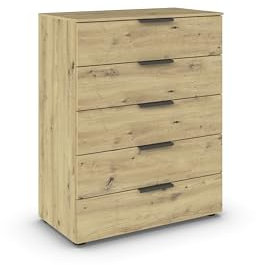 B0CWMHFPH7 Rauch Möbel Flipp, Hochkommode mit viel Stauraum für Flur, Wohnzimmer, Schlafzimmer, Eiche Artisan, Holz, 5 Schubladen, Griffe Graphit, 80x100x42cm