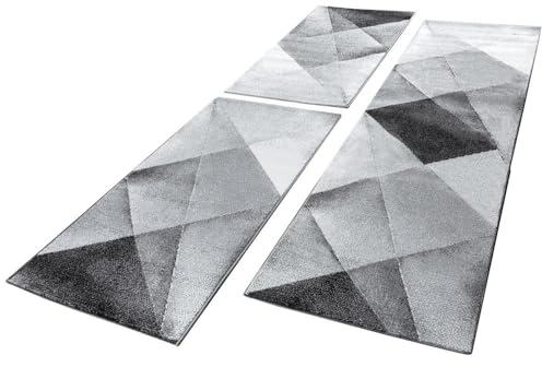 Paco Home Bettumrandung Läuferset Designer Teppich Geometrische Muster Kurzflor Grau 3Tlg, Grösse:2mal 70x140 1mal 70x250