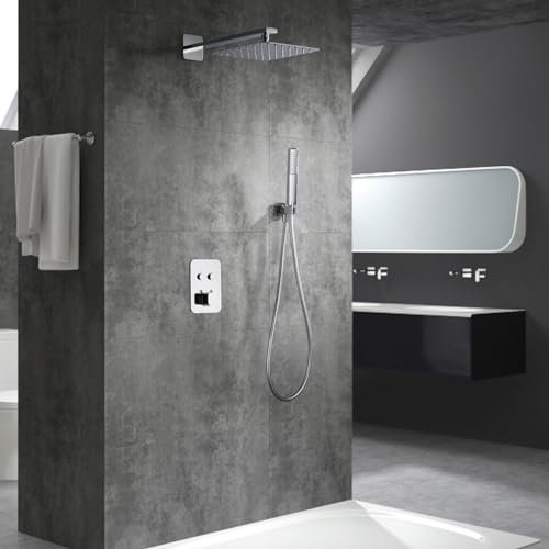 IMEX - Ducha Empotrada Termostática Cromada | Kit de Grifería Empotrado con Alcachofa y Rociador Antical Efecto Lluvia | Columna Ducha Empotrada con Grifo en Latón y Acero Inox S.304 | Serie Madeira