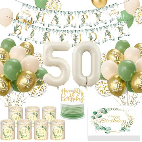 50 Geburtstag Deko, Grün Gold 50 Geburtstagsdeko Frau Mann 50th Luftballons Geburtstag, 8 Windlicht Tischdeko 50 Geburtstag, Eukalyptus Birthday Banner Servietten Deko Geburtstag Frau Mann