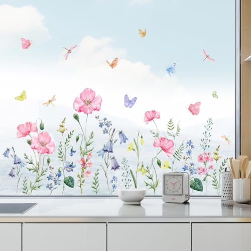 Tanlaby Fiori Farfalla Finestra Decalcomanie Fiori Colorati Finestra Adesivi Primavera Estate Fiori Finestra Decalcomanie Doppio Lato Statico per Soggiorno Vetro Finestre Porte Finestra Decorazione