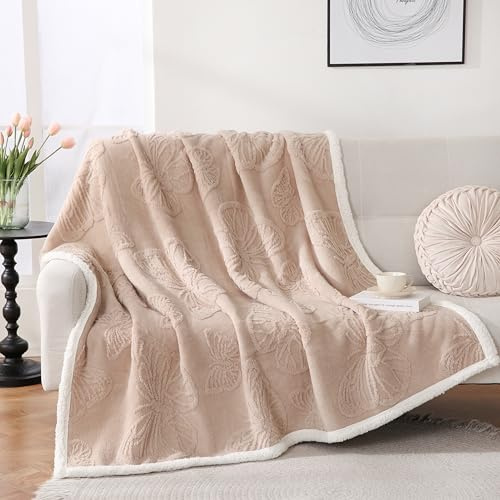 Gracelife Blanket for Women, Sherpa Throw Blanket for Couch, Flannel Butterfly Cozy Soft Blanket for Bed - Fleece, Beige-1, 200 * 230cm