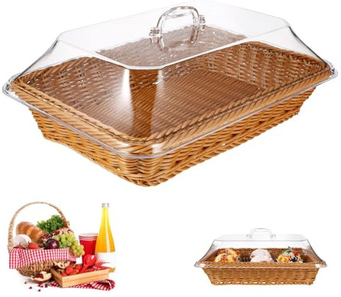 Wicker Basket with Acrylic Lid, Wicker Storage Basket, Wicker Basket With Lid for Food, Tabletop Food Serving Basket, Woven Bread Picnic Basket Wicker Bread Basket for Serving (Brown)