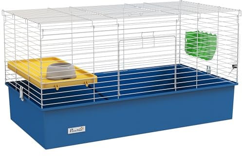 PawHut Guinea Pig Cage Chinchillas Rabbit Small Animal Cage with Ramp, Dish, Water Bottle, 99 x 52 x 53cm, Blue