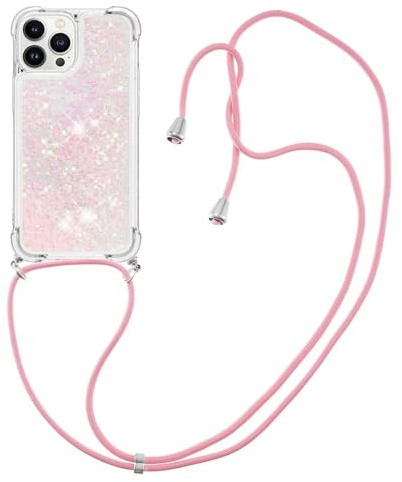 GoodcAcy Compatible avec iPhone 12 avec Cordon, Collier Coque Glitter Transparent Paillettes Etui TPU Bumper Silicone Case avec Chaîne Lanière Housse pour Smartphone Lanyard Case,Rose pâle