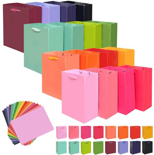 Gcardist 16-Farben-Geschenk Taschen mit Tissue Papier für Party Supplies-20x11x24cm helle Farbenreihe Mittlere Größe Karton Geschenk Taschen (8x4.3x10Inch,16pcs Taschen +32pcs Tissue Papier)