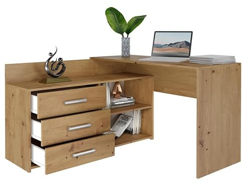 BDW Eckschreibtisch Rechts, 3 Schubladen und 2 Regale, viel Platz zum Entfalten, für Jugendzimmer, Büros und Ateliers, Winkelschreibtisch, Computertisch, Bürotisch 120x76x50 cm (Artisan-Eiche)