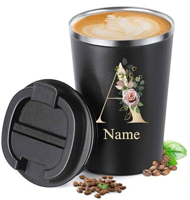 PoStar - Kaffee Thermobecher Personalisiert Kaffeebecher to go Thermo - Thermosbecher Auslaufsicher - Isolierflasche - Isolierbecher mit Ihrem Namen - 350 ml - Schwarz