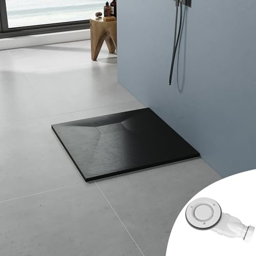 AQUABATOS SMC Duschwanne 80x80 cm Schwarz Eckig Quadratisch Duschtasse Duschbecken Brausewanne Brausetasse Rutschfest Bodengleich Ebenerdig Steinoptik Schieferoptik mit Siphon/Ablaufgarnitur