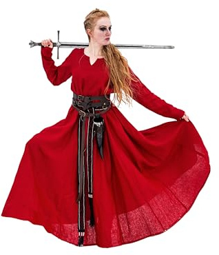 Leonardo Carbone® Damen Kleid Wikinger Anna | Fließende Silhouette | Mittelalterliches Design | Karneval, Halloween, Cosplay, LARP, Kostüm, Gewand, Festkleid | 100% Leinen Rot XL
