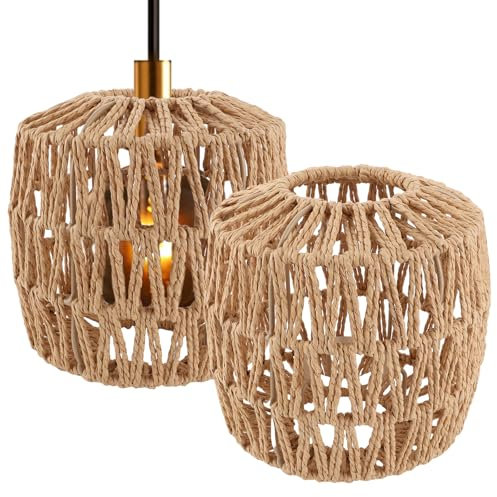 AKOLAFE 2 Stück Lampenschirm Hängelampe 16x16x6.5cm Lampenschirm Boho Rattan Papierlampenschirm Ersatzschirm Zubehör für Stehlampe, Tischlampe, Pendelleuchten, Hängelampenschirme