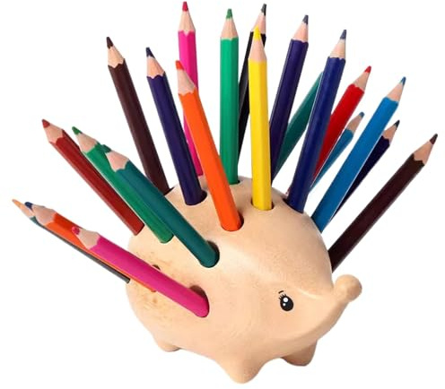 Stiftehalter aus , Igel-Design, 24 bunte Bleistifte, Holzstifthalter für Schreibtischdekoration, Tierstatuen-Organizer mit Löchern für Schreibwaren