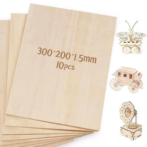 Sipiris 10 pezzi,Fogli di Legno Compensato 300 x 200 x 1.5 mm,Fogli di Legno Sottili, Pannello Compensato per Pittura, Incisione, Traforo e Pirografia, Decorazioni in Legno
